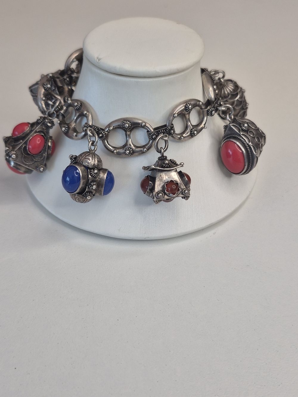 Vintage Etruscan Silver Charm Bracelet, 7 Dual Sided Cabochon Gem Accents.